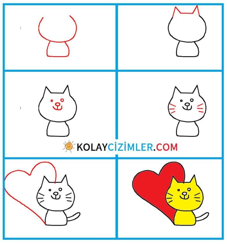çocuklar için adım adım basit kalpli kedi çizimi