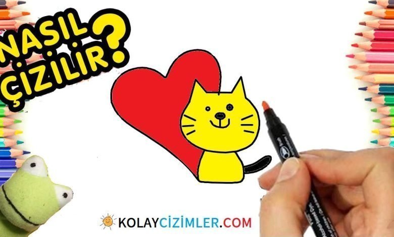 çocuklar için basit kalpli kedi resmi çizimi