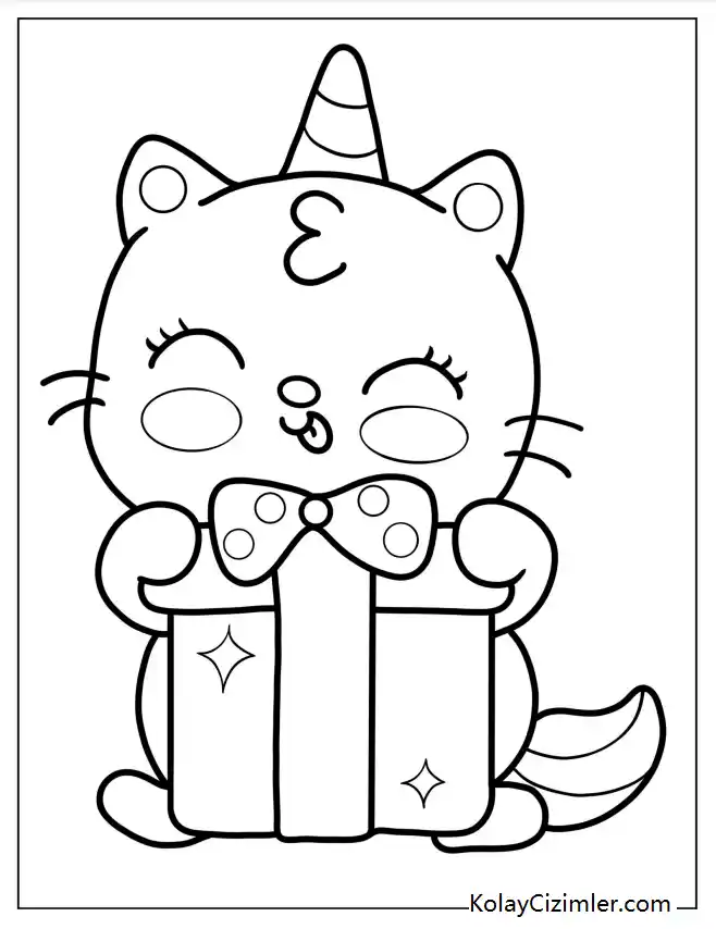 Hediye Kutusu Kedi Boyama Sayfası (PDF İndir)
