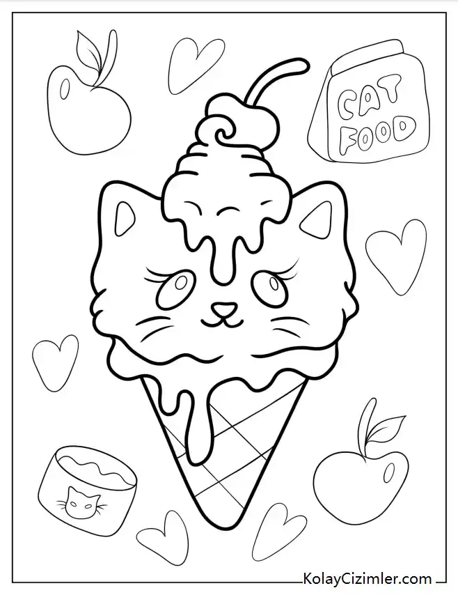 Kawaii Dondurma Kedi Boyama Sayfası (PDF İndir)