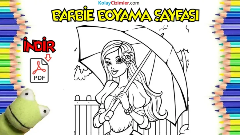 Şemşiyeli Güzel Barbie Boyama Sayfası