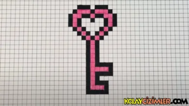 Kareli deftere kalpli anahtar çizimi, kolay çizimler