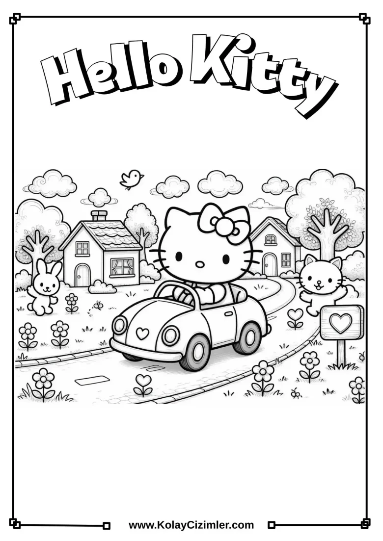 Hello Kitty Arabayla Geziyor Boyama Sayfası - PDF İndir