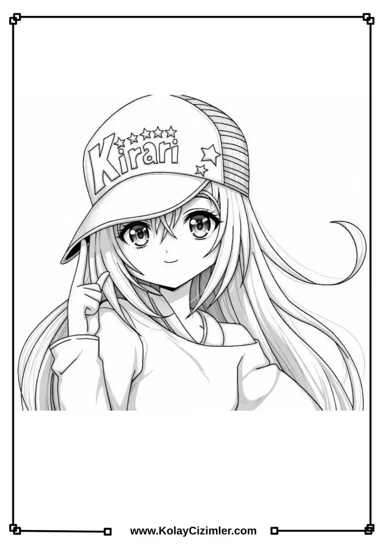 Şapkalı Anime Kızı Boyama Sayfası - PDF
