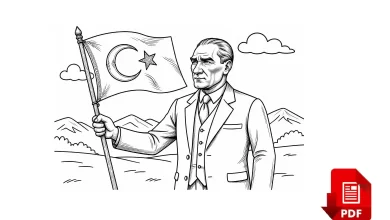Gazi Mustafa Kemal Atatürk ve Türk Bayrağı Çizimi, Boyama Sayfası PDF