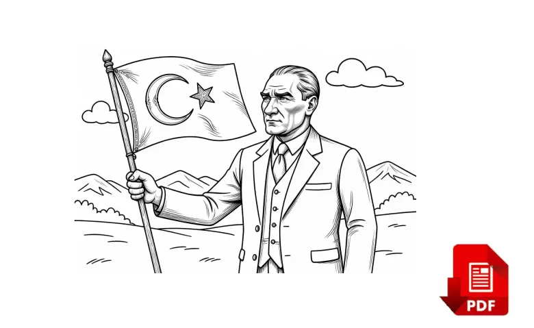 Gazi Mustafa Kemal Atatürk ve Türk Bayrağı Çizimi, Boyama Sayfası PDF