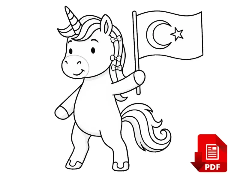 Türk Bayrağı Tutan Unicorn Boyama Sayfası
